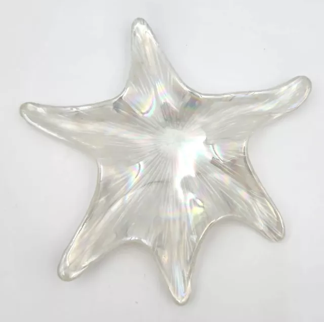 Vintage Mid-Century Akcam Glass Star Fish Dish Iridescent White Art 12" 2