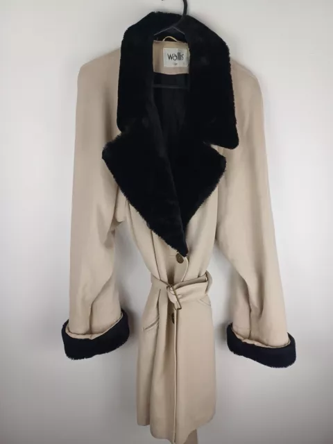 Womens Wallis Winter Cream Beige Trench Coat Black Fur cuff neck lining Size 12