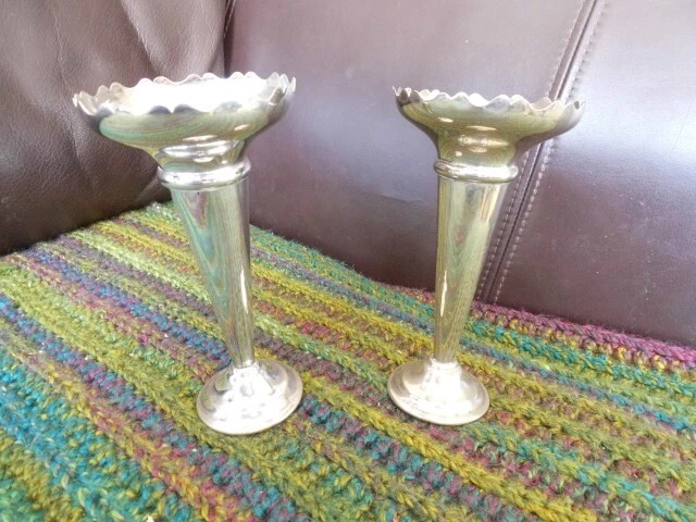Pair Vintage Silver Plate Bud Posy Vases Deco 6" tall Trumpet shape Frill edge