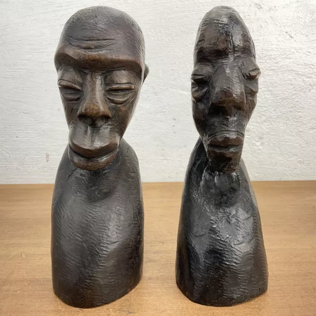 Antique African Tribal Hand Carved Ebony Figures Busts
