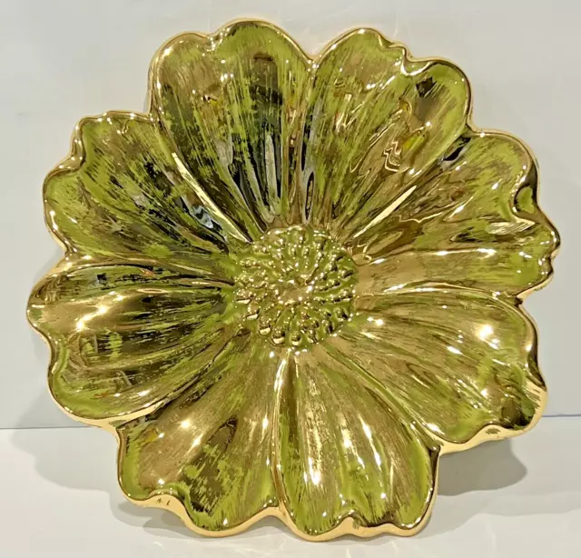 Vintage Rare MCM Stangl Hand painted Granada Green & 22K Gold Flower Petal Bowl