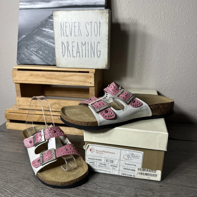 EuroWellness Balance Geranium Pink White Leather Studded Sandals 8/39 NewWithBox