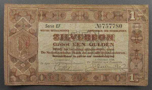 NETHERLANDS 1 Gulden Banknote Issued 1.10.1938 P#61 Circulated ~5212