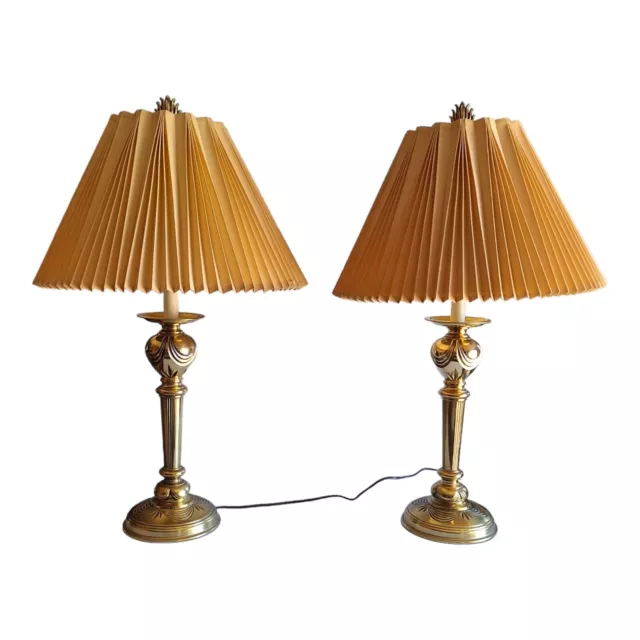 Pair Vintage Stiffel Brass Table Lamps With Original Shades 30" Deco Style