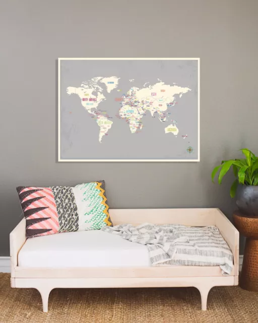 Carte du monde papier art mural imprimé en gris 24x18" affiche carte de voyage du monde