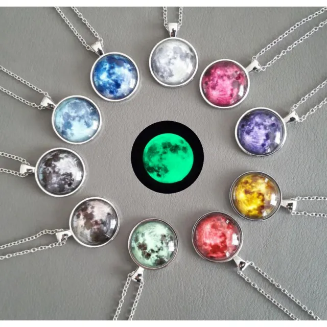 Glow In The Dark Moon Necklace Galaxy Planet Glass Cabochon Pendant Necklace