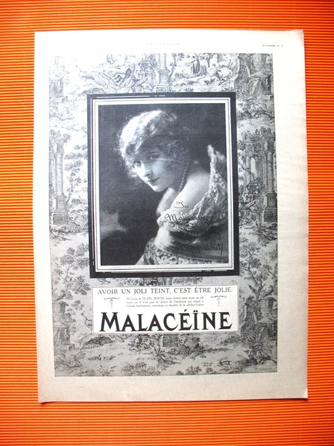 PUBLICITE DE PRESSE MALACEINE CREME DE BEAUTé ACTRICE U.S. PEARL WHITE AD 1923