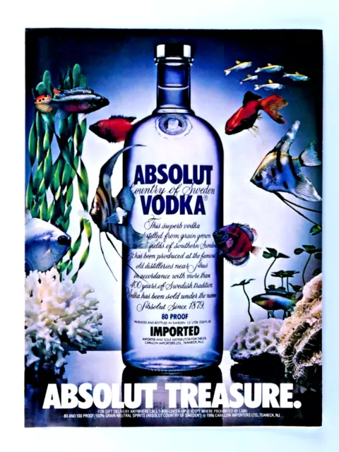 Treasure Gold Fish  Absolut Vodka Vintage 1986 Original Print Ad 8.5 x 11 "