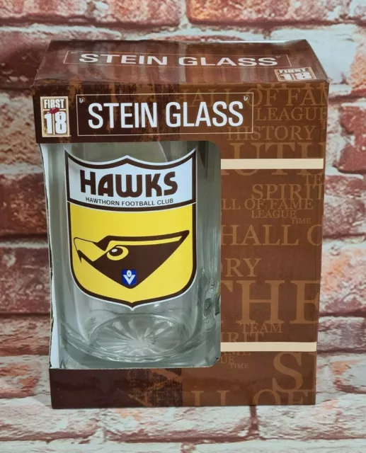BNIB Genuine AFL Merchandise Hawthorn First 18 Logo Beer Stein Glass 500ml
