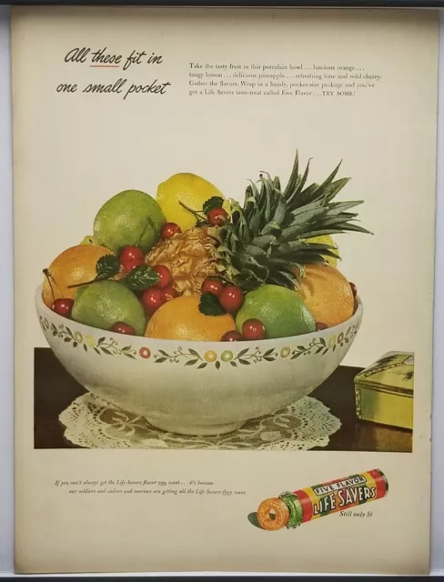 1943 Life Savers Five Flavors Bowl Of Fruit Vintage WWII Era Color Print Ad