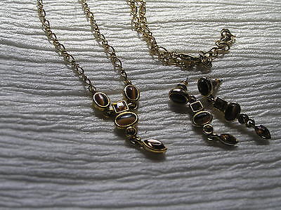 Estate Dainty Demi Oval Tigereye w Faceted Yellow Rhinestone Necklace & Dangle