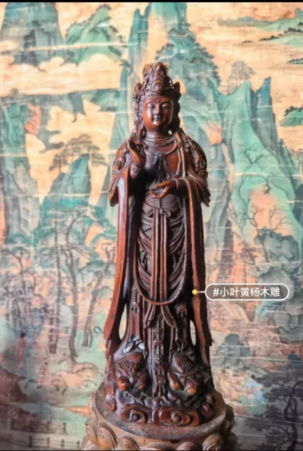 7" Collect China Box-Wood Hand Carving Kwan-yin Statue