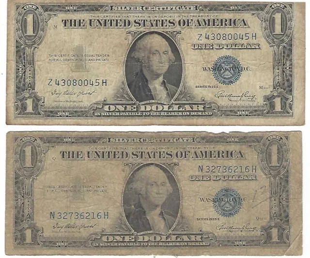 1935 Series E One Dollar Blue Seal Note Silver Certificate. Set of 2 bills