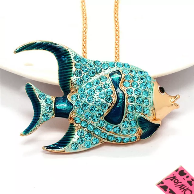 New Betsey Johnson Rhinestone Blue Cute Tropical Fish Crystal Pendant Necklace