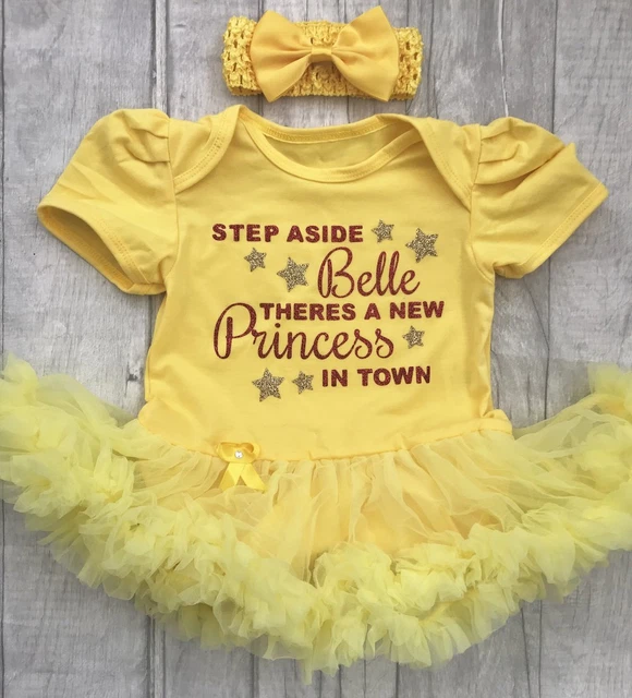 BABY GIRL BELLE PRINCESS TUTU ROMPER Red Gold Glitter Design Disney Yellow Dress