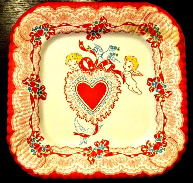 1950s VINTAGE VALENTINES DAY PAPER PARTY PLATE CUPIDS HEARTS FLOWERS BEACH PROD.