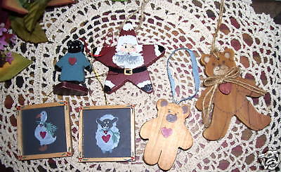 Vintage Wooden Christmas Ornaments Rag Doll Santa Bear Duck