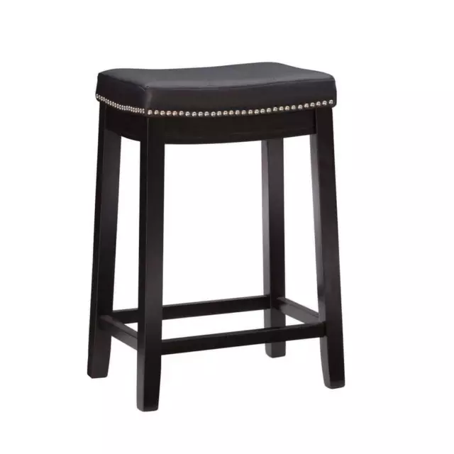 Linon Home Decor Counter Stool Cushioned Foot Rest Nailhead Faux Leather Black