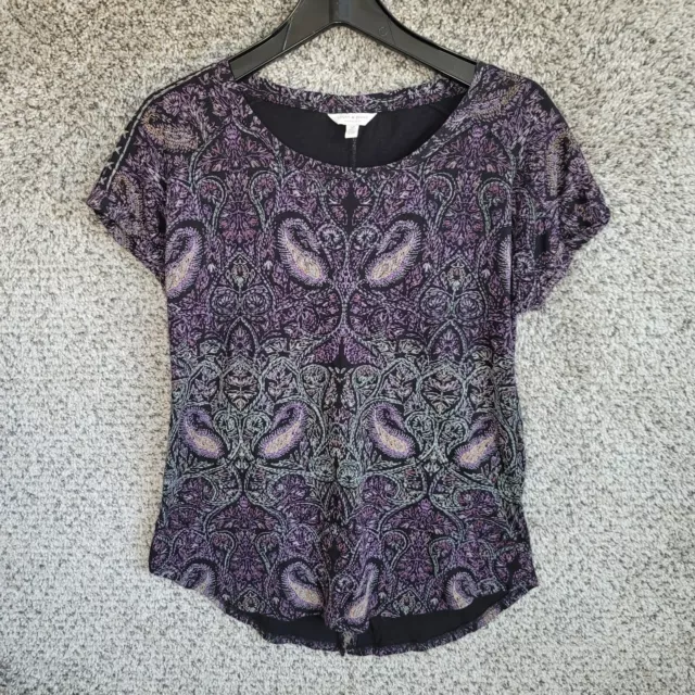 Lucky Brand Top Womens Small Purple Paisley Print Boho Short Sleeve Casual