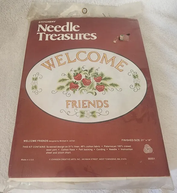 "Crealla de fresas ""Welcome Friends"" vintage Needle Treasures 21""x14"#0051- nueva
