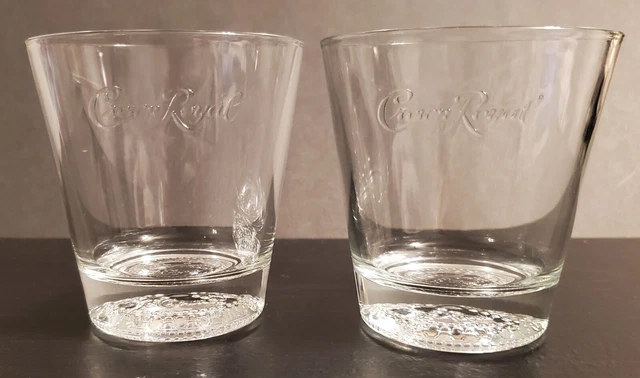 Crown Royal Whiskey Lowball Rocks Glass Tumbler Embossed Logo Bottom Set of 2!