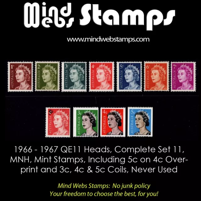 Australian Decimal Stamps, 1966-1967 QE11 Heads 1c - 7c Complete Set 11, MNH