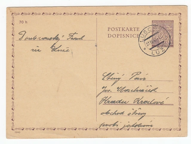 Böhmen & Mähren Postkarte  Ganzsache von Lusche Luže nach Hradec Králové 1941