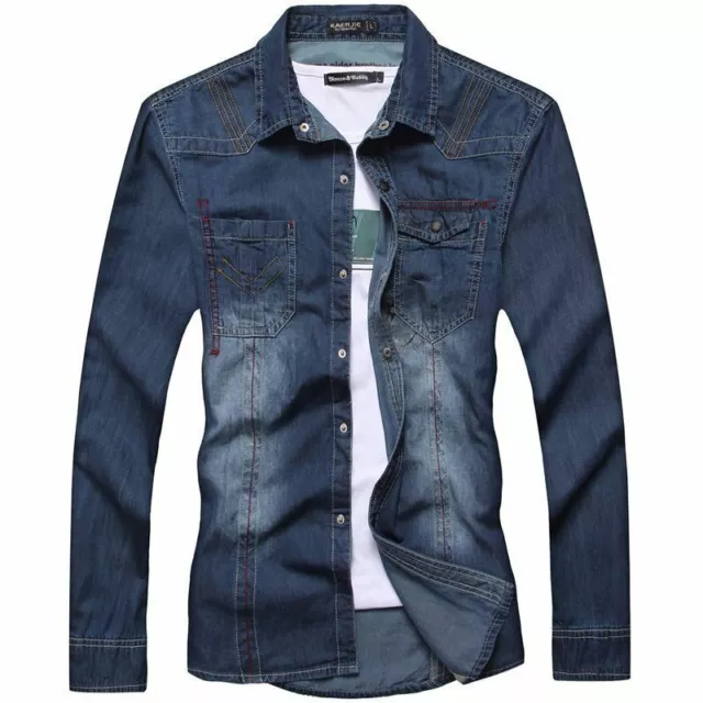 Mens Denim Shirts Long Sleeve Luxury Casual Slim Fit Jeans Washed Camisas