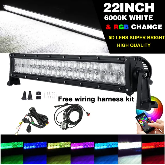22 inch 120W 5D RGBW Offroad LED Light Bar MultiColor Change &Wiring Harness Kit