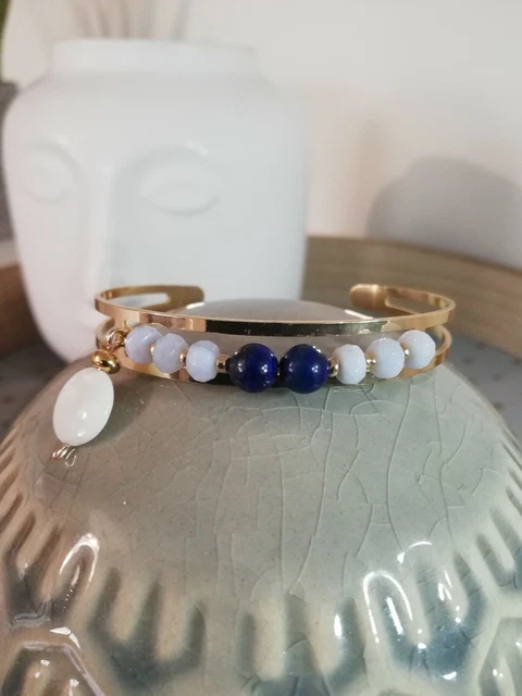 Bracelet jonc avec perles naturelles Lapis-Lazuli, Agate Blue Lace et Nacre