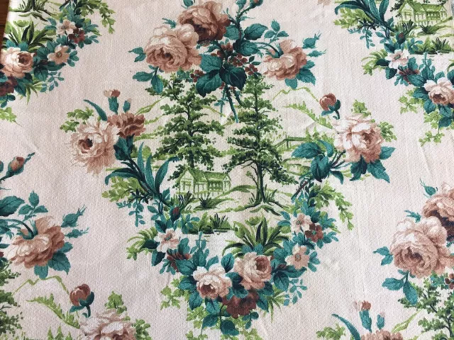 Vintage Floral Roses Scenic Cottage Cotton Fabric ~Green Blush Apricot Teal Blue