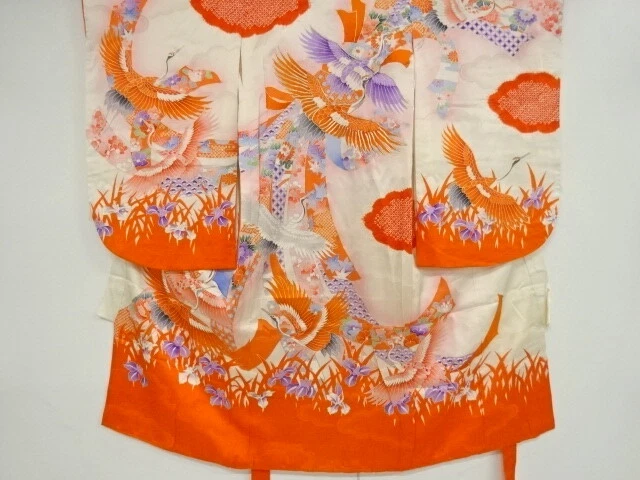 40028# Japanese Kimono / Antique Kimono For Girls / Embroidery / Shibori / Crane