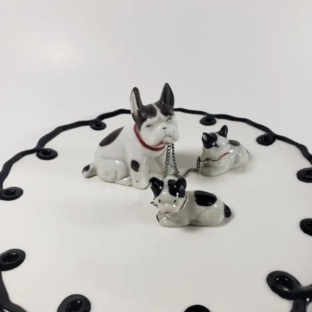 Vintage Boston Terrier Mother Dog with 2 Puppies on Chains Figurine