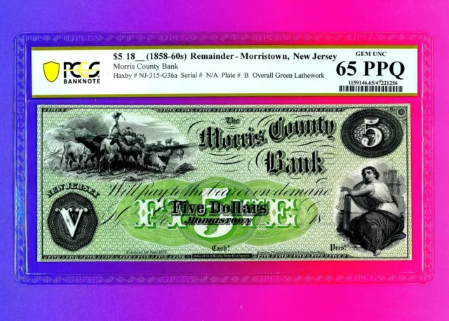 Morris County Bank New Jersey $5 Obsolete Currency Pcgs 65 Ppq Beautiful Rare