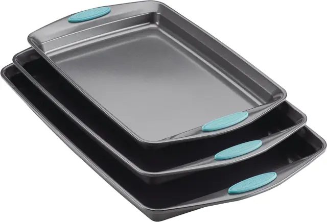 Rachael Ray Bakeware Nonstick Cookie Pan Set, 3-Piece, Gray with Agave Blue Grip