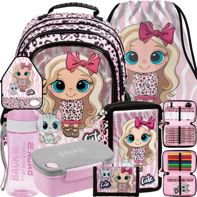 DERFORM Set 7tlg. Rucksack Schulrucksack Schulranzen Federtasche Mädchen FRIENDS