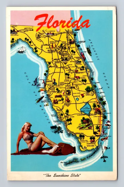 FL- Florida, Aerial Scenic View Of Map And Landmarks, Antique, Vintage Postcard
