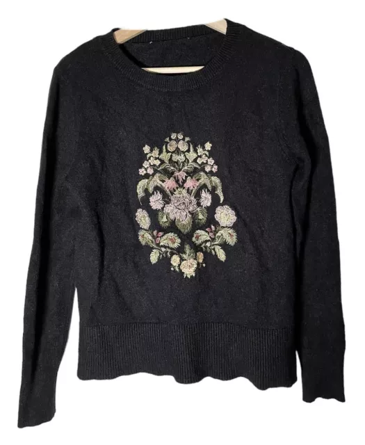 Oasis Black Floral Embroidered Casual Round Neck Jumper Sweater (M) 12 UK