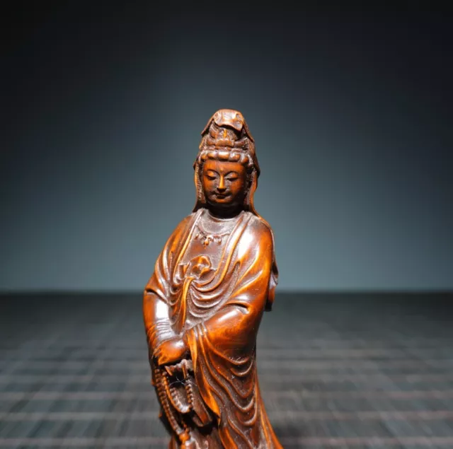 Chines Buddhism Boxwood Wood GuanYin Kwan-yin Hand-carved Exquiste Buddha Statue 2