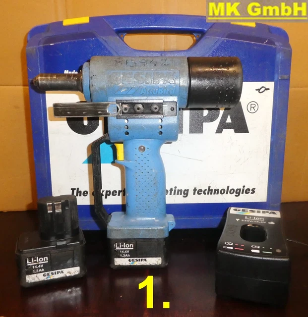 Gesipa AkkuBird rivetto cieco batteria, 2 x 14,4 V agli ioni di litio, 4x boccaglio + valigia