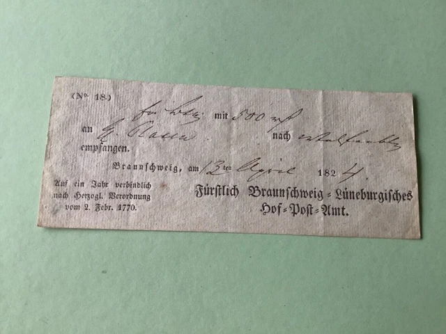 Braunschweig 1824 Prephilately postal note receipt Ref A1487