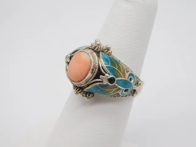 Chinese Export Sterling Silver Enamel Butterfly Bug Angel Skin Coral Stone Ring