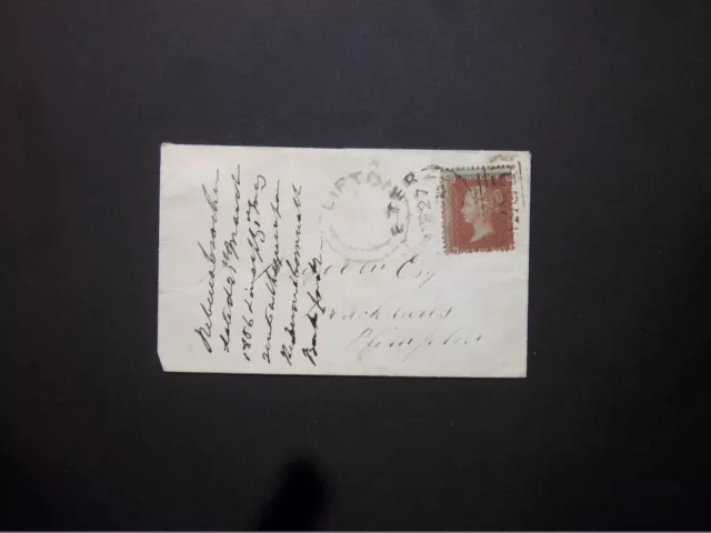 GB Devon 1856 QV 1d red Envelope 285 EXETER Sideways Duplex & 'LIFTON' udc