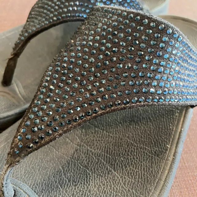 FitFlop Lulu T-Strap Wedge Sandals - Black midnight blue rhinestones, US 9