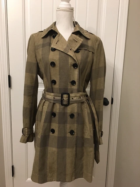 Burberry Brit Khaki/Green Check Crombrook Cotton Linen Trench Coat Sisal Sz 8