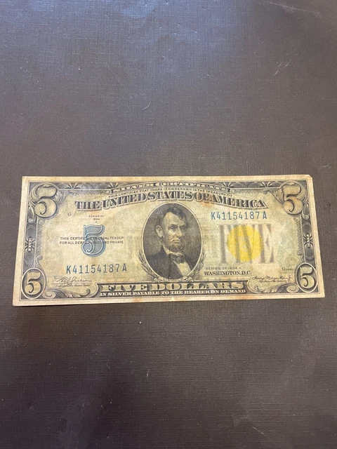 1934 A 5 Dollar North Africa Silver Certificate Reverse Ink Transfer Error Note.