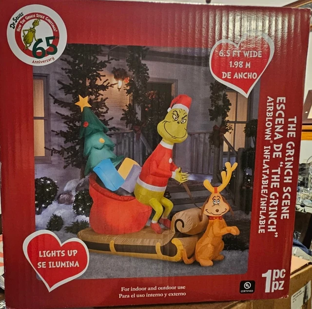CHRISTMAS AIRBLOWN INFLATABLE Grinch and Max w/Sleigh Scene 6.5 ft Tall