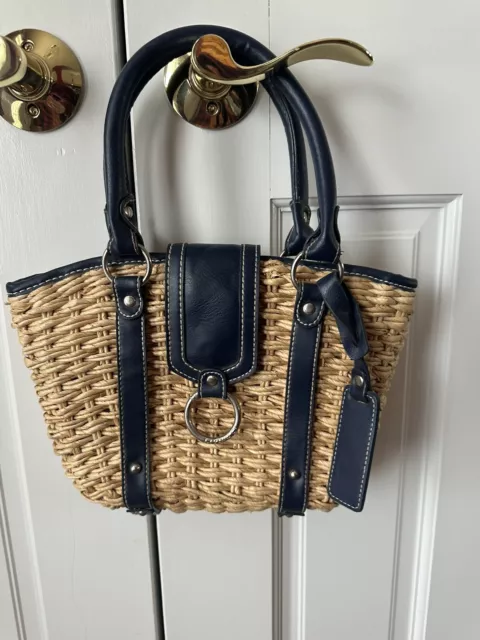 American Living cornhusk straw & navy blue purse gingham lined buckle woven bag