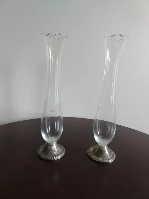 Duchin Sterling Weighted Etched Glass Vase Set Of 2 10 Inch