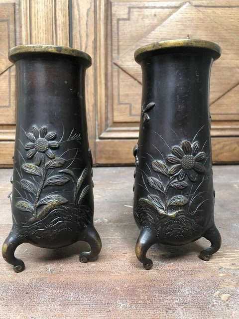 Ancien Vase Bronze à Décor Marin En Relief - Tortue, écrevisse, Crevette - Pièce Unique